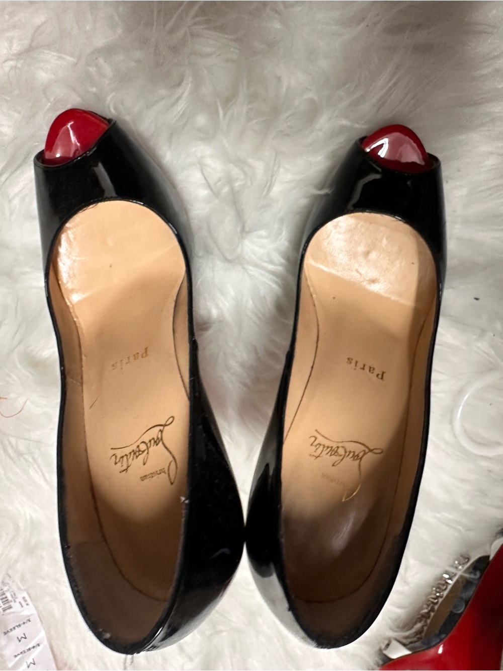 Christian Louboutin Black Patent Peep-Toe Pumps with Red Toe Cap
